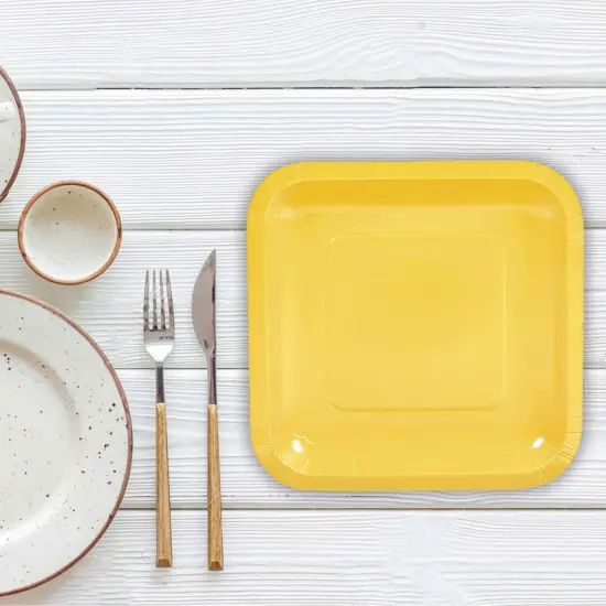 24 Count Yellow Square Paper Dessert Plates Bright Disposable Plates for Party and Event Use 7" {3}