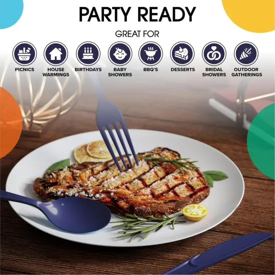 Exquisite Polished Plastic Silverware &ndash; 150 Pcs Heavy Duty Cutlery Set &ndash; 50 Each of Forks, Knives & Spoons &ndash; Disposable Utensil Set for Parties, Events & Catering &ndash; Flatware Set by Party Solids Navy {6}