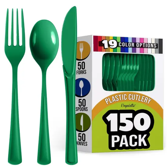 Exquisite Polished Plastic Silverware &ndash; 150 Pcs Heavy Duty Cutlery Set &ndash; 50 Each of Forks, Knives & Spoons &ndash; Disposable Utensil Set for Parties, Events & Catering &ndash; Flatware Set by Party Solids Emerald {1}
