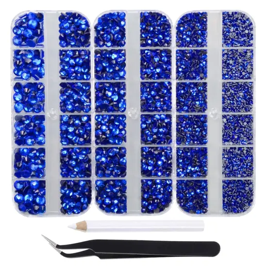 7000pcs+ Flatback Glass Hotfix Iron On Rhinestones Crystal for DIY Making with 1 Tweezer & 1 Picking Pen for Shoes, Clothes, Face Art, Bags, Manicure (Sapphire, 5-Sizes) {1}