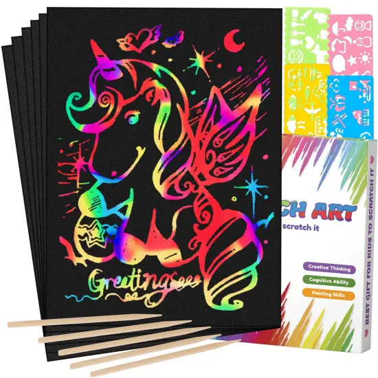 60 Pcs Rainbow Scratch Art Paper for Kids, Magic Scratch Paper Set Art and Craft Kit, Black Scratch Sheets for Party Game Activities Birthday Gifts Toys Girls Boys 3 4 5 6 7 8 9 10 Years Old {1}