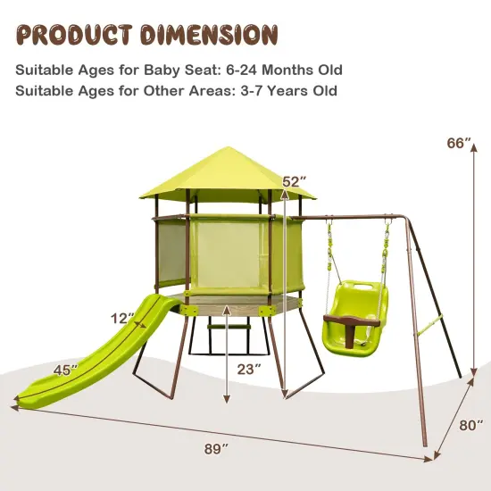 Green 4-in-1 Kids Swing Set with Slide, Adjustable Seat, Playhouse and Canopy {6}