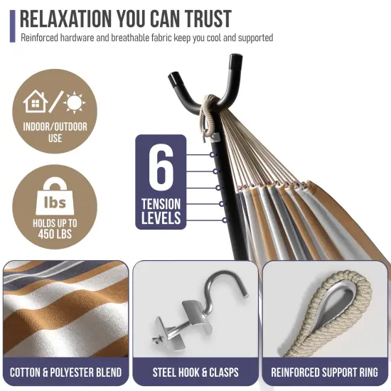 Sorbus Double Hammock With Steel Stand - Portable Carrying Case Brown Stripes {4}