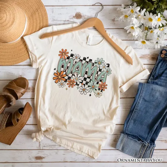 Floral Mama Checkered T-Shirt, White, Natural and Black Retro Tee for Stylish Mothers {1}
