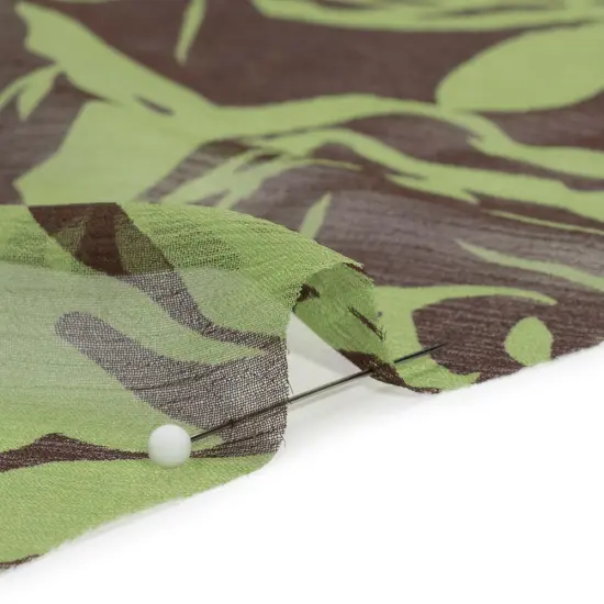 1 Yard Green and Brown Silk Chiffon Rose Garden Floral Crinkled Soft Couture Material 54 Inch Width {2}