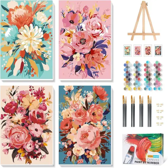 4 Pack Framed Paint by Numbers Kit - 8x12 Inch (Flowers) {1}