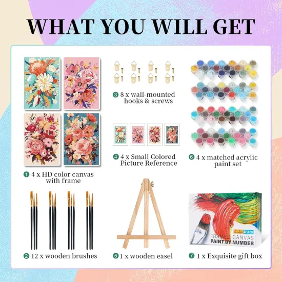 4 Pack Framed Paint by Numbers Kit - 8x12 Inch (Flowers) {4}