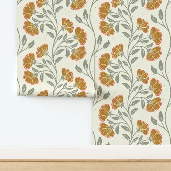 Pre-Pasted Wallpaper 2FT Wide Folk Floral Sage Green Bohemian Boho Stripes Block Print Refined Elegant Flower Mustard Gold Beige Custom Pre-pasted Wallpaper by Spoonflower {2}