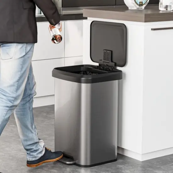 Silver Stainless Steel 13-Gallon Step Trash Can with Soft-Close Lid and Built-In Deodorizer {5}
