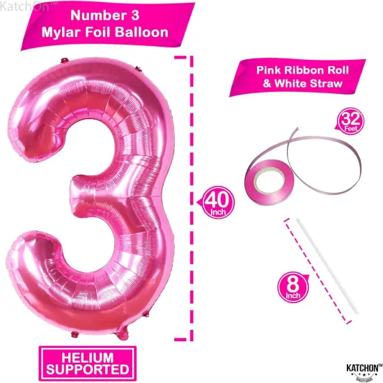 40 Inch Hot Pink Large 3 Number Balloons Big Foil Helium Number Balloons 0-9 Jumbo Happy 3rd Mylar Birthday Party Decorations for Girl Anniversary Party Supplies {3}