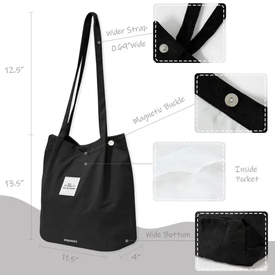 Wrapables Carry Joy Corduroy Tote Bag, Casual Shoulder Handbag, Black {2}