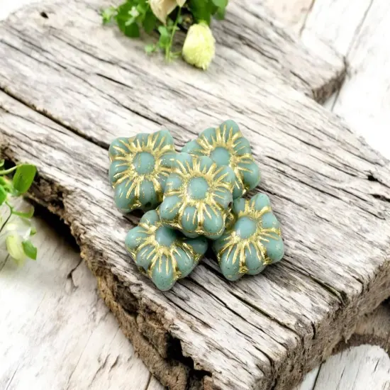 *13* 11mm Gold Washed Opaque Turquoise Square Zinnia Flower Beads {4}