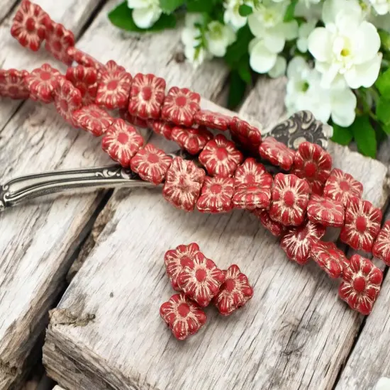 *13* 11mm Copper Washed Opaque Red Square Zinnia Flower Beads {3}
