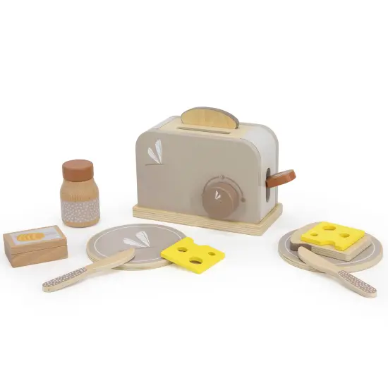 Label Label: Wooden Toaster Play Set - Tan - Kitchen Appliance Toy, 10 Cooking & Food Accessories, Pop-Up Feature, Dragonfly Design, Kids Ages 3+ {1}