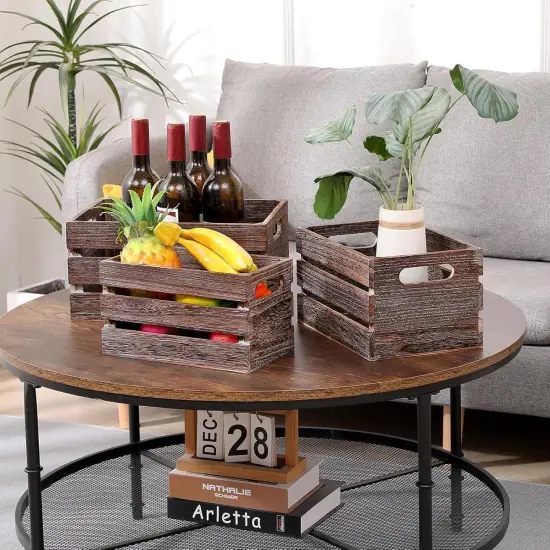 Decorative Wood Crates Nesting Crates Wooden Storage Container for Display,Rustic Handmade for Storage with Handles,Farmhouse Wood Basket for Party,Office,Bedroom,Kitchen,Decor Boxes-Brown Set of 3 {2}
