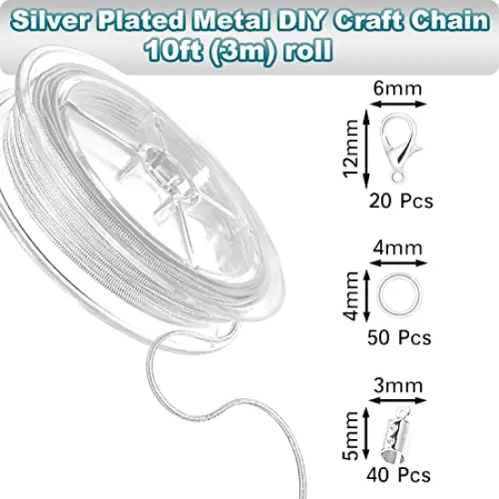 33 ft Silver Snake Chain 1.2mm Jewelry Making Chains for Necklace Bracelet DIY Jewelry Supplies Findings - Silver Plated Round Snake Cable Chain Link Roll w/Lobster Clasps, Cord Ends & Jump Rings {5}