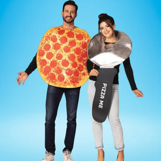 Pepperoni Pizza and Pizza Cutter Adult Couples Costume Set Food Tunics Funny Halloween Party Outfit {1}