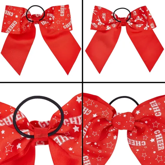 20 Pack 8 Inch Cheer Bows for Cheerleaders, Elastic Ponytail Holders for Women and Girls, Large Bulk Polyester Hair Ribbons for Softball, Volleyball, Gymnastics (2 Designs, Red) {4}