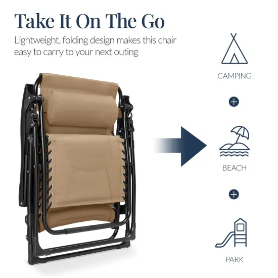 Best Choice Products Oversized Padded Zero Gravity Chair, Folding Outdoor Patio Recliner w/ Side Tray Beige {5}