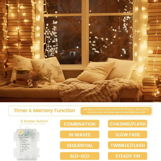 2 Pack String Lights Battery Operated with Timer - 66FT, 200 LED (Warm White) {3}