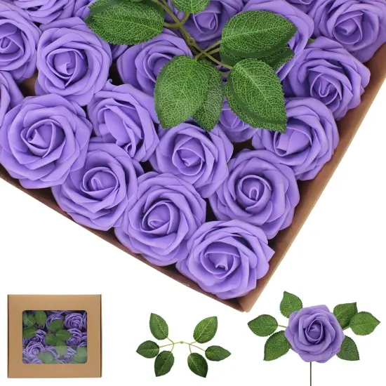 Artificial Rose Heads Purple Lavender Fake Roses Latex Foam Roses Real Looking Rose Heads with Stems Wedding Decor DIY Bouquets Party Home Decor {1}