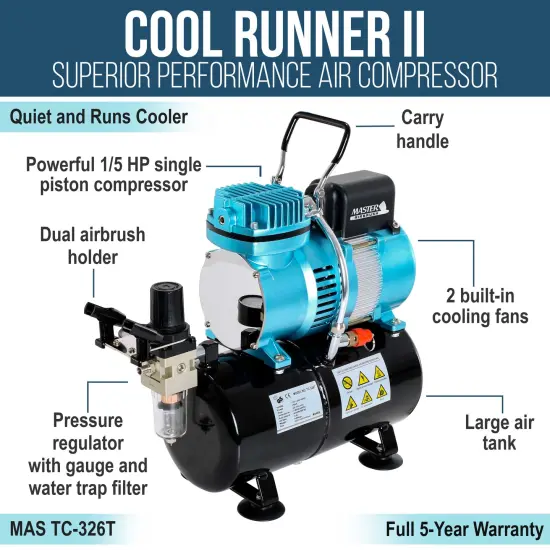 Cool Runner II Dual Fan Air Tank Compressor System Kit with Pro Set G222 Gravity Airbrush Kit with 3 Tips 0.2, 0.3 ,0.5mm - Hose, Holder, How-To Guide {4}