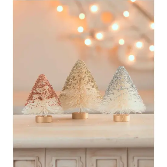 Bethany Lowe 5.0 Inch Mini Metallic Trees Christmas Decorative Tree Set , Christmas Decor Glittered St/3 Off-White {3}