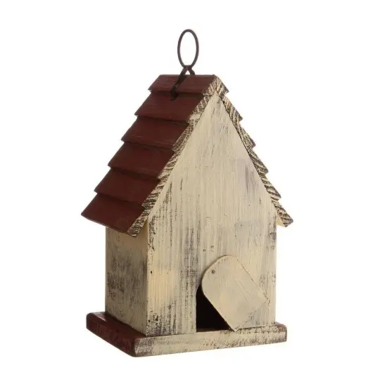 Retro Red Solid Wood Metal A-Frame Birdhouse with Hanging Ring and Easy Clean-out {5}
