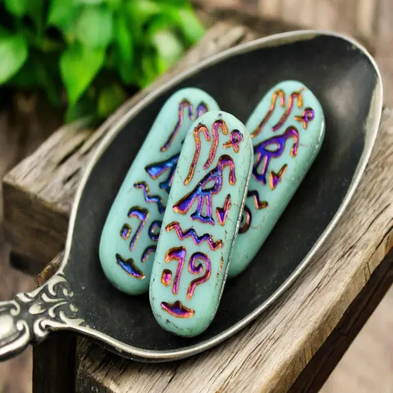 *6* 25x10mm Matte Turquoise Rainbow Metallic Egyptian Cartouche Oval Beads {1}