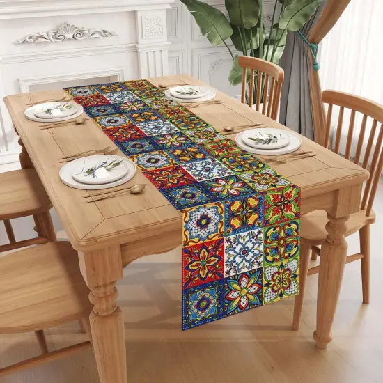 Linen Mexican Talavera Ceramic Tile Table Runner 72 Inches Long Mexican Fiesta Tablecloth Cinco De Mayo Party Decoration and Supplies for Table {2}