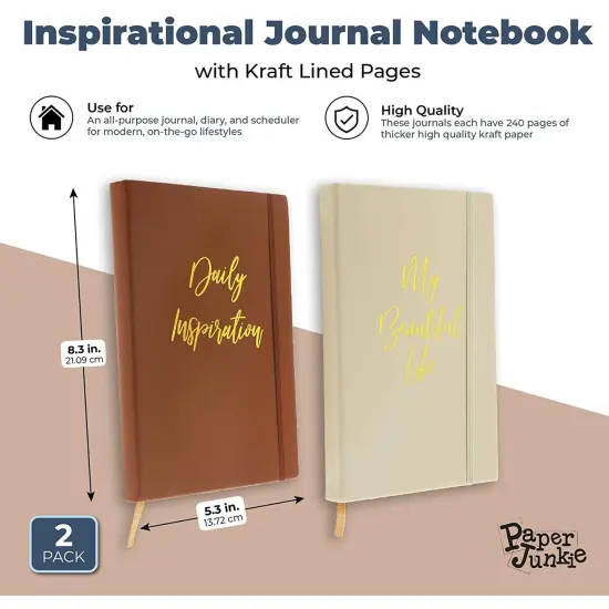 2 Pack Inspirational Faux Leather Notebook Journal, Kraft Lined Pages, 5.4x8.3 Brown {2}