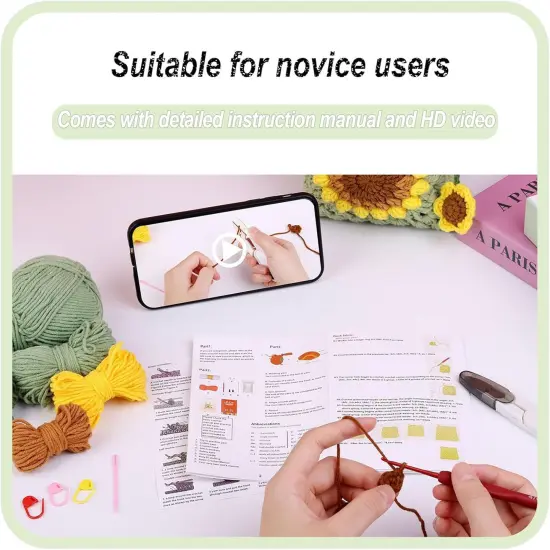 Crochet Kit for Beginners Sunflower Bag Crochet Starter Kit with Video Tutorials and Yarns, Hook DIY Adults & Kids Knitting Supplies(40%+ Yarn) {5}