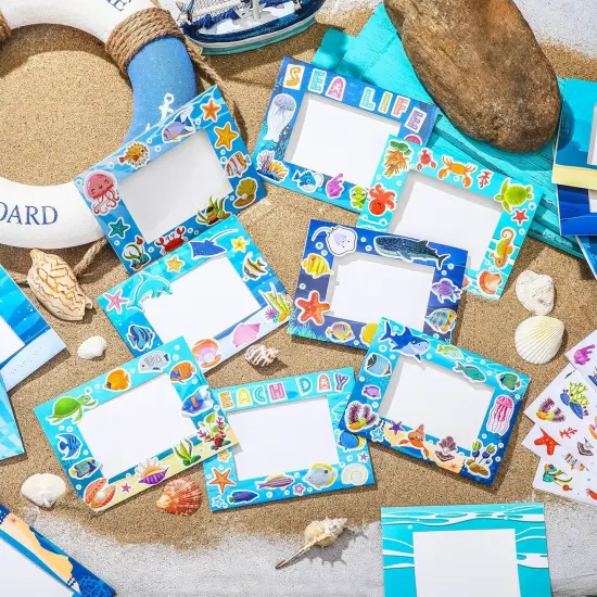 96 Pcs Summer Picture Frame Craft Kit DIY Photo Frame Craft with Stickers Summer Cardboard Photo Frame Craft Beach Pool Party Favor Activities (Ocean, Blue Series) {2}