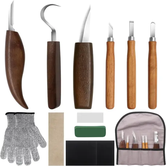 12-Piece Wood Carving Tool Set with Hook Knife, Detail Knife, Chipping Knife, Cut-Resistant Gloves, Sandpaper & Sharpening Strop &ndash; Complete Carving Kit with Carrying Bag for Beginners & Professionals {1}