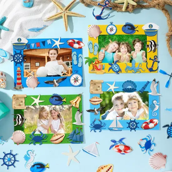 232 Pieces Summer Ocean Beach DIY 5'' x 7'' Picture Frame Craft Kit 32 Summer Under The Sea Felt Photo Frames and 200 Foam Stickers for Holiday Game Activities(Ocean,Cool Color) {2}