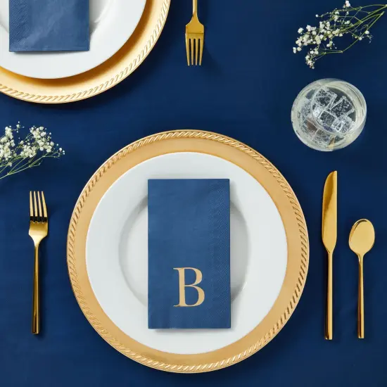 100 Pack Navy Blue Monogrammed Napkins with Letter B, Gold Foil Initial for Wedding Reception, Engagement Party (4.3 x 7.75 Inches) {2}