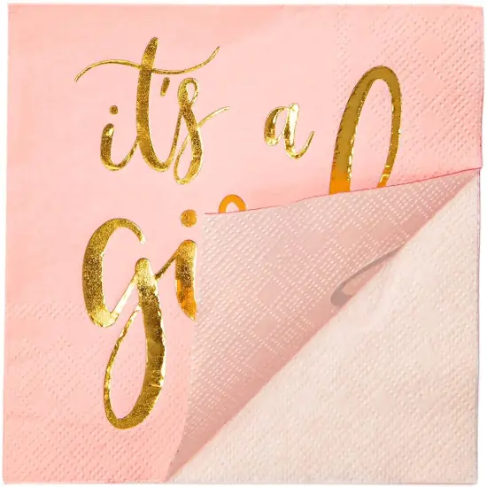 50 Pack It's a Girl Napkins for Baby Shower, Gold Foil Party Supplies (3 Ply, 5x5 In) Pink {5}