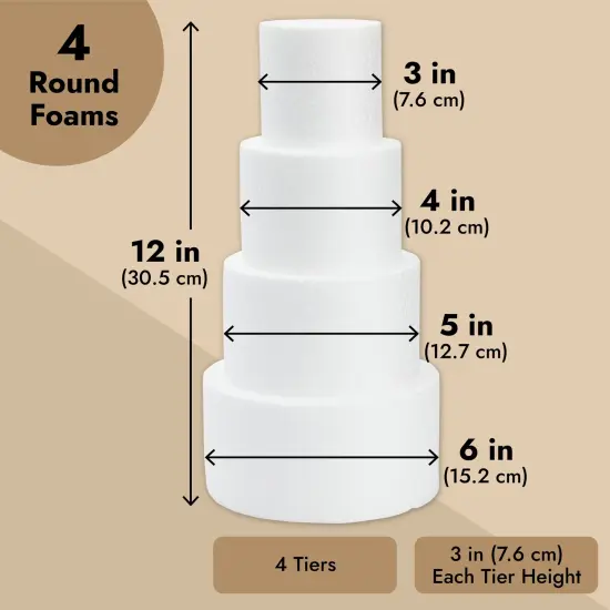 Juvale 4 Piece Round Foam Cake Dummy Set for Decorating, 12" Tall Fake Cake in Assorted Sizes for Birthday, Wedding Display (3, 4, 5, and 6 in) White {2}