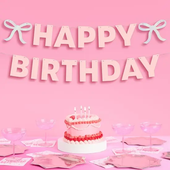 Happy Birthday Bow Banner Iridescent Foil + Pink Glitter, 5 Ft. | Birthday Party Decoration, Coquette HBD Decor, 21st Bday Supplies, Photobooth Backdrop {1}