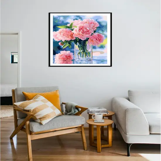 Paint by Numbers Peonies, Peonies in Glass Vase Paint by Number for Adults Beginner on Canvas, Pink Flowers Acrylic Oil Painting Kit, Home Wall Decor {4}
