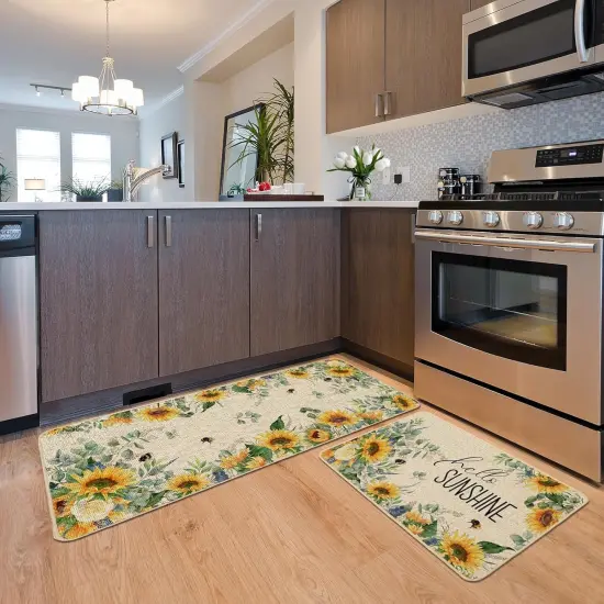 Spring Summer Kitchen Mats Set of 2, Sunflower Floral Bee Kitchen Rugs for Floor Non Slip Absorbent Low-Profile Seasonal Farmhouse Home Decor 17x29 and 17x47 Inch {2}