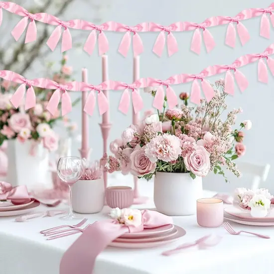 2pcs Bow Garland Banner Ribbon Bow Party D&eacute;cor for Baby Shower Women Girls Bow Coquette Birthday Party Decorations (Pink) {5}