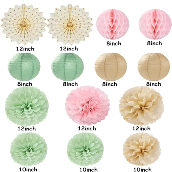 Sage-Green Pink-Champagne Party-Decorations Streamers Lanterns - 14pcs Neutral Baby Shower Paper Fan,Tissue Pom Poms,Honeycomb Balls,Boho Wedding Engagement Bachelorette Birthday Bridal Decor Ouruola {2}