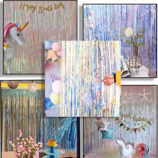 2 Pack Neon Clear Foil Tinsel Curtain(3.2ftx 8.2ft),Iridescent Glitter Metallic Fringe Curtain for Rainbow Party Decorations Backdrop {3}