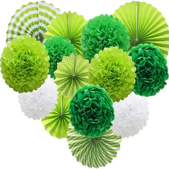 Green Hanging Paper Party Decorations, Round Paper Fans Set Paper Pom Poms Flowers for Birthday Wedding Graduation Baby Shower Events Accessories {1}