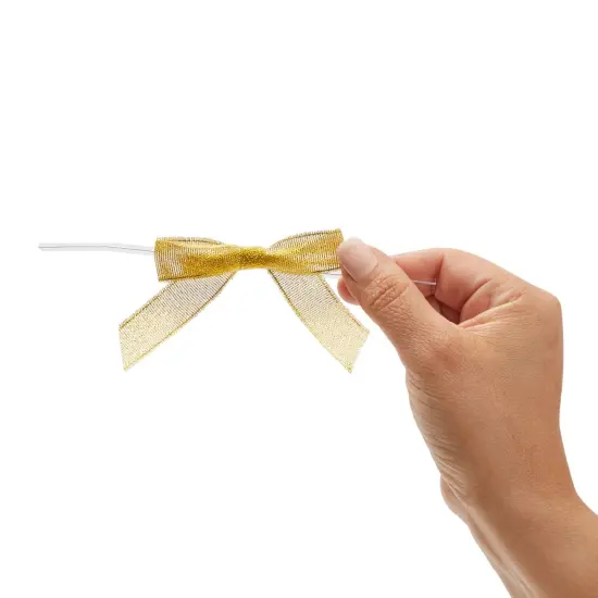 100-Pack Twist Tie Bows, Metallic Gold Pre-Tied Satin Ribbon for Gift Wrap Bags Boxes, Party Favors, Baked Goods, Crafts, Mini Bowties for Hair Decorations (2.5x3 in) {7}