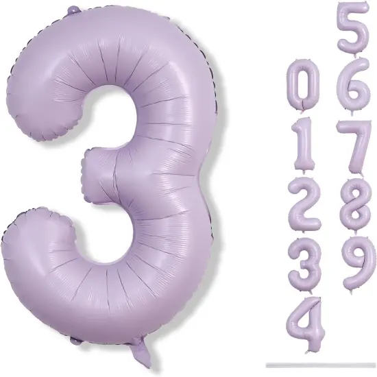 Large Dusty Pastel Purple 3 Balloons, 40 Inch Giant Light Purple Helium Mylar Foil Globos Numero for Girls, Self Inflating 3rd Birthday Balloon for Women Three Anniversary Party Decorations Supplies {1}