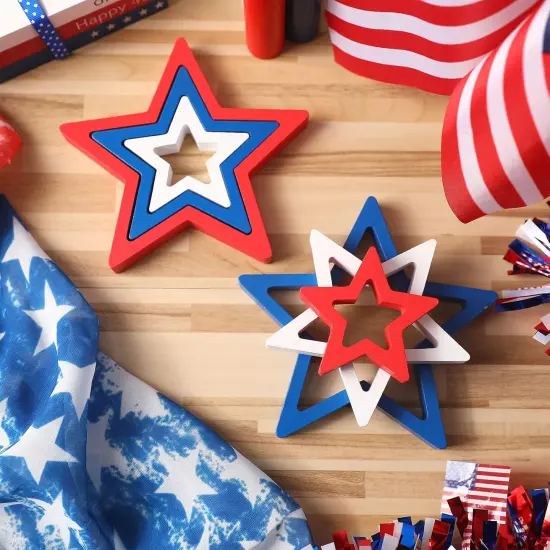 6 Pieces 4th of July Wooden Star Signs Patriotic Decoration Memorial Day Table Decor for Home Independence Day Tiered Tray Shelf Decor (White,Blue and Red) {4}