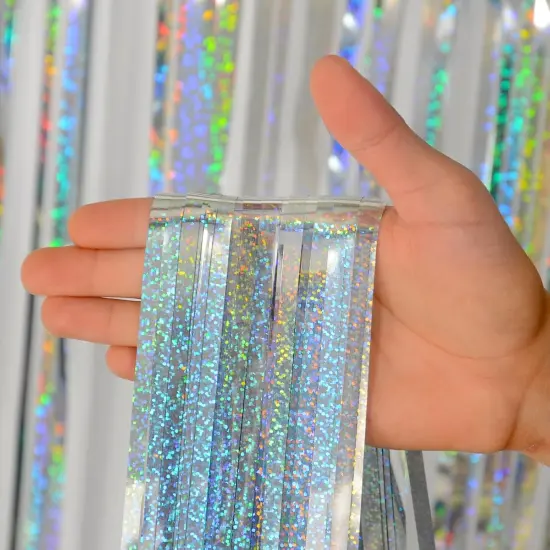 Silver Foil Curtain Tinsel Backdrop, 3.2 ft x 8 ft Tinsel Foil Fringe Curtains Backdrop, Sparkle Metallic Foil Curtains for Party Photo Booth Decoration {2}