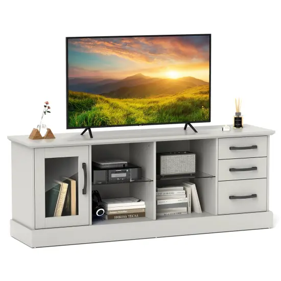 63 Inches Entertainment Center with 3 Storage Drawers and Removable Glass Shelves Black {8}